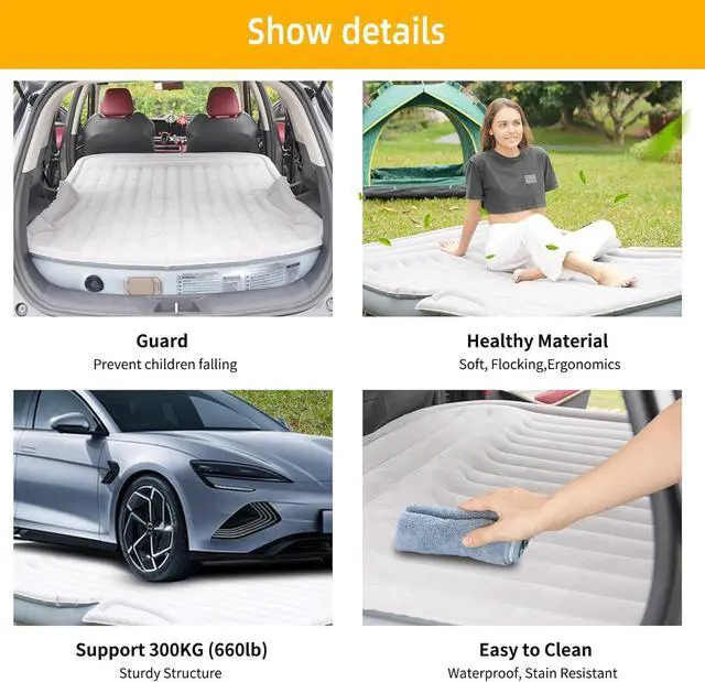 Alt view image 3 of 7 - SUV Air Mattress with Built-in Electric Pump - Thickened and Flocked Car Bed Mattress for Travel and Camping - 660lb Weight Capacity - Grey