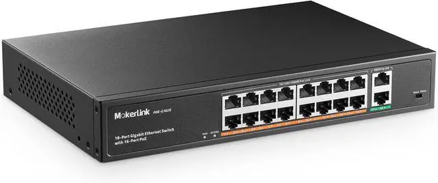 Main image of 18 Port Gigabit PoE Switch, 16 Gigabit PoE+ Ports, 2 Gigabit Uplink, 250W IEEE802.3af/at, Metal Rackmount Unmanaged Plug and Play Ethernet Switch