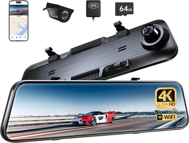 Main image of P12 Plus 4K Rear View Mirror Camera with ADAS and BSD, 5.8GHz WiFi Mirror Dash Cam Front and Rear, Backup Camera for Car, GPS, 64GB Card Included, WDR Night Vision, Voice Control, 12" Display