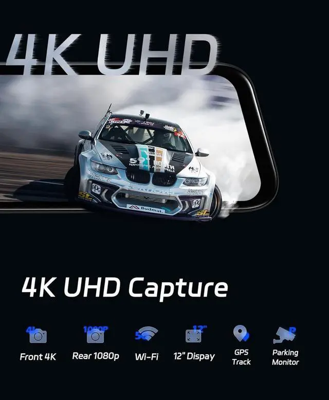 Alt view image 4 of 7 - P12 Plus 4K Rear View Mirror Camera with ADAS and BSD, 5.8GHz WiFi Mirror Dash Cam Front and Rear, Backup Camera for Car, GPS, 64GB Card Included, WDR Night Vision, Voice Control, 12" Display