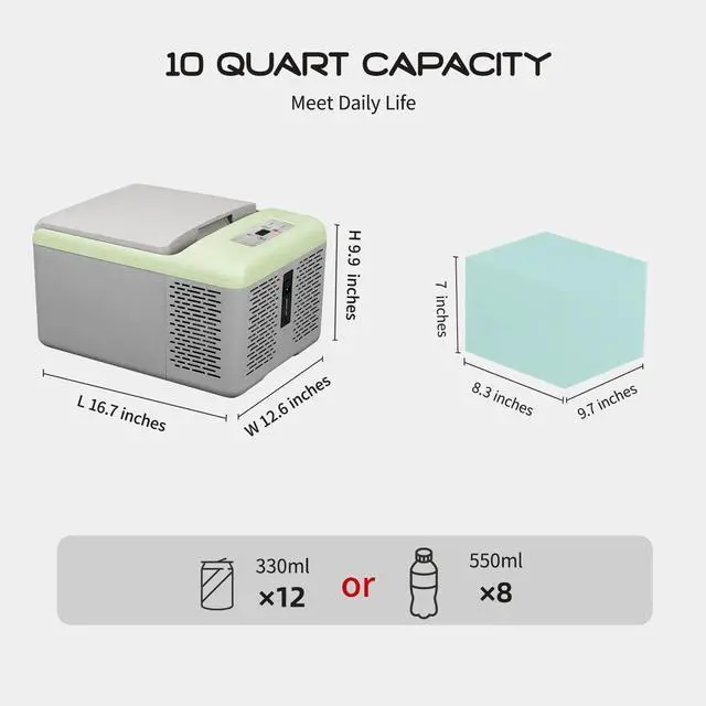 Alt view image 2 of 6 - C9PT Mini Portable Freezer, 12 Volt Car Refrigerator, 10 Quart Fast Cooling, with 12/24V DC and 100-240V AC for Outdoor, Camping, RV, Truck, Boat