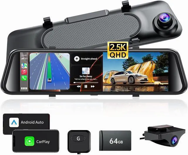 Main image of 2.5K Mirror Dash Cam with Carplay Mirror & Android Auto, Dash Cam Front and Rear with Zoom Function,12 inches Rear View Mirror Camera with Voice Control/BT Call/64GB Card Included-JOMISE K17 Pro