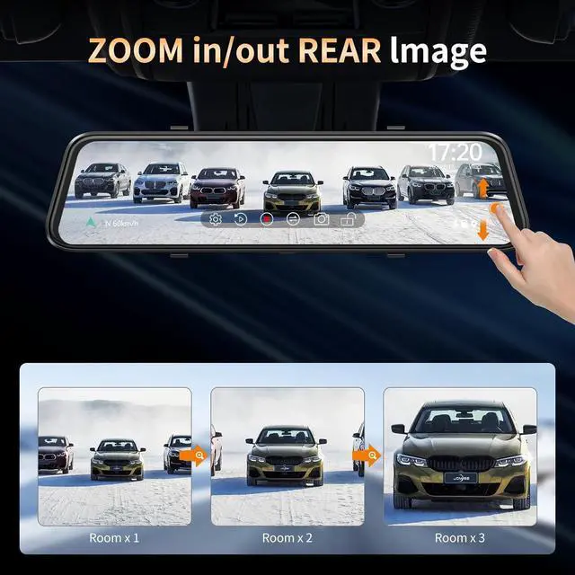 Alt view image 3 of 7 - 2.5K Mirror Dash Cam with Carplay Mirror & Android Auto, Dash Cam Front and Rear with Zoom Function,12 inches Rear View Mirror Camera with Voice Control/BT Call/64GB Card Included-JOMISE K17 Pro