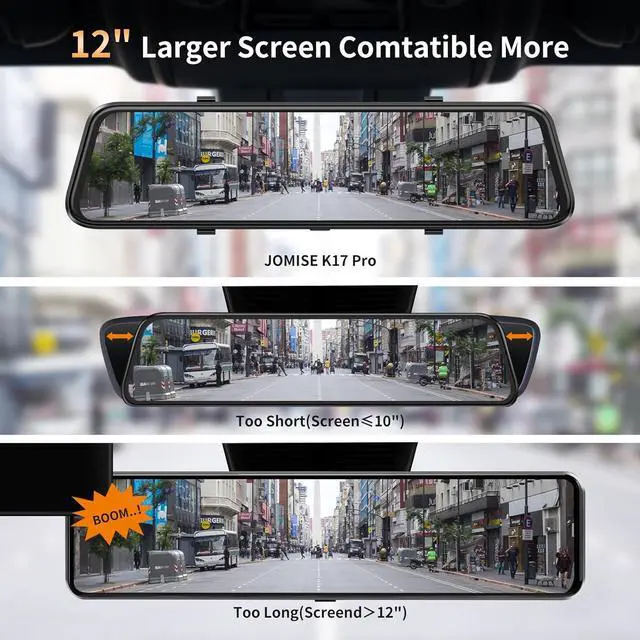 Alt view image 7 of 7 - 2.5K Mirror Dash Cam with Carplay Mirror & Android Auto, Dash Cam Front and Rear with Zoom Function,12 inches Rear View Mirror Camera with Voice Control/BT Call/64GB Card Included-JOMISE K17 Pro