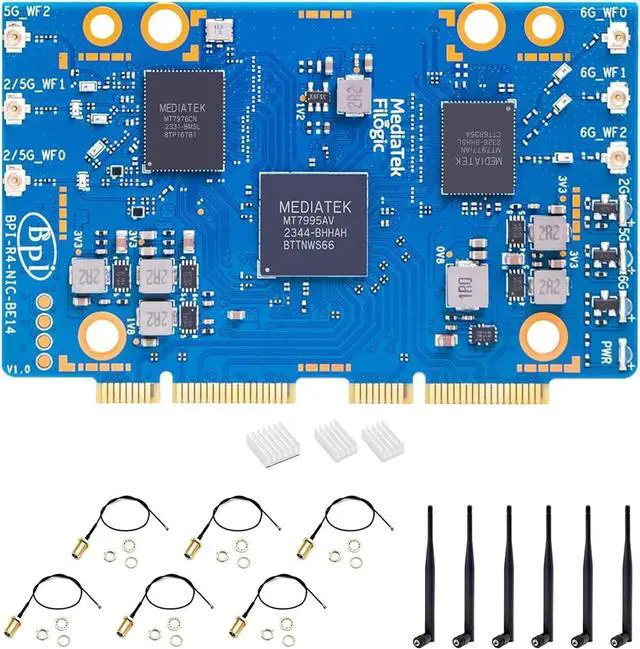 Main image of BPI-R4 NIC BE14 WiFi 7 Module for BPI-R4 Wireless Tri-Band WiFi Router Board OpenWRT, MediaTek MT7995AV CPU 32 bits RISC-V MCU, with 6X 2G/5G/6GHz WiFi Antenna (WiFi7 NIC Module)