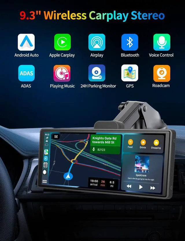 Alt view image 2 of 7 - Carplay Screen for Car, Portable Wireless Carplay & Android Auto with 4K Dash Cam and 1080P Backup Camera, Featured Advanced Driver Assistance System, with GPS Navigation, BT/AUX/FM