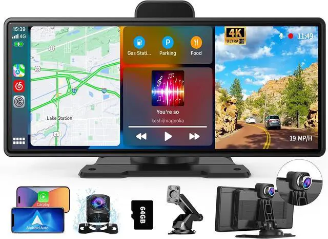 Main image of Carplay Screen for Car, Portable Wireless Carplay & Android Auto with 4K Dash Cam and 1080P Backup Camera, Featured Advanced Driver Assistance System, with GPS Navigation, BT/AUX/FM