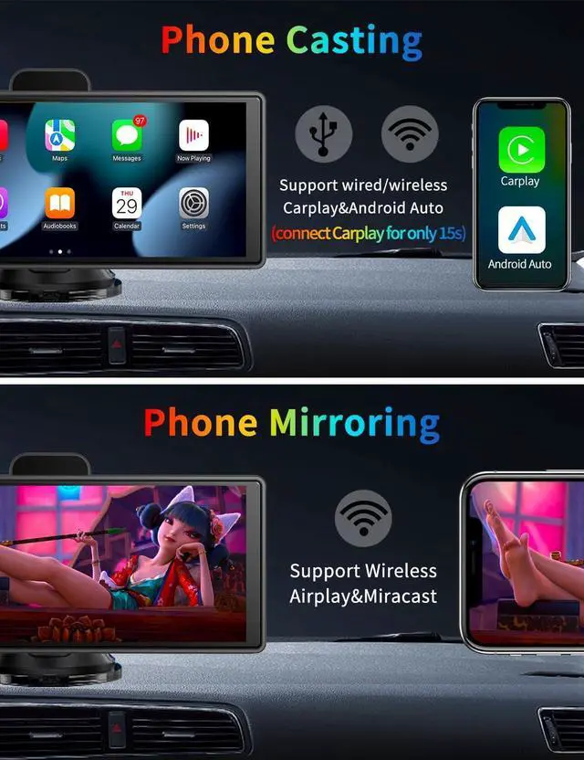 Alt view image 3 of 7 - Carplay Screen for Car, Portable Wireless Carplay & Android Auto with 4K Dash Cam and 1080P Backup Camera, Featured Advanced Driver Assistance System, with GPS Navigation, BT/AUX/FM