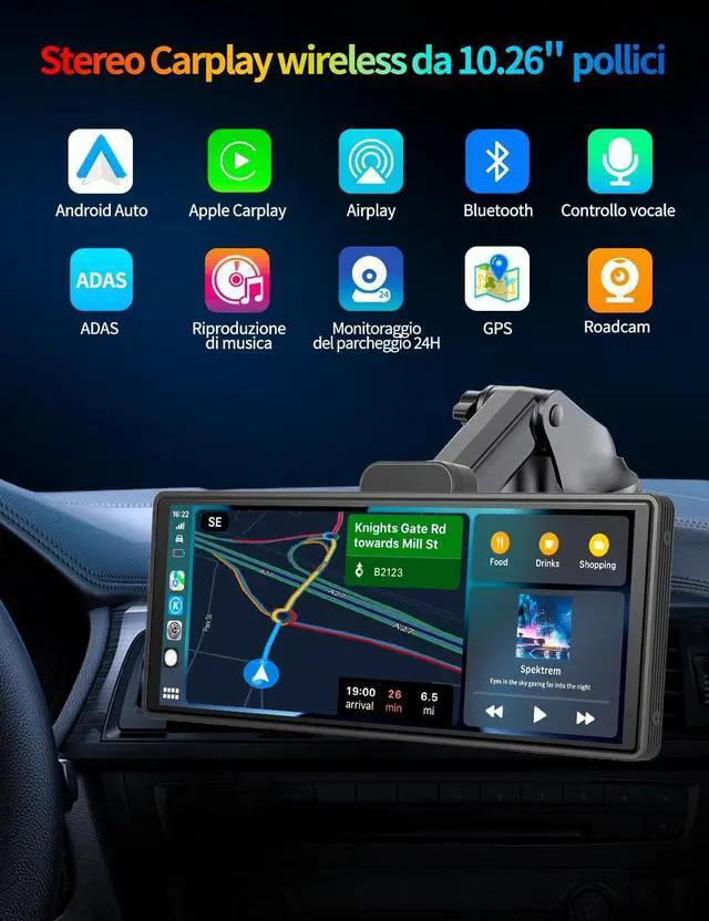 Alt view image 5 of 7 - Carplay Screen for Car, Portable Wireless Carplay & Android Auto with 4K Dash Cam and 1080P Backup Camera, Featured Advanced Driver Assistance System, with GPS Navigation, BT/AUX/FM