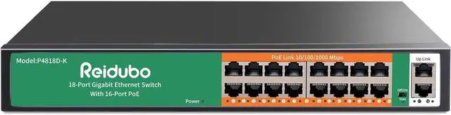 Main image of 18 Ports Gigabit PoE Switch,16 Port Gigabit PoE+ Network Switch with 2 Uplink Gigabit Ports, 250W, Unmanaged, 19-inch Rackmount, Fanless Quiet Operation, Compatible with AP WiFi6, PoE Cameras