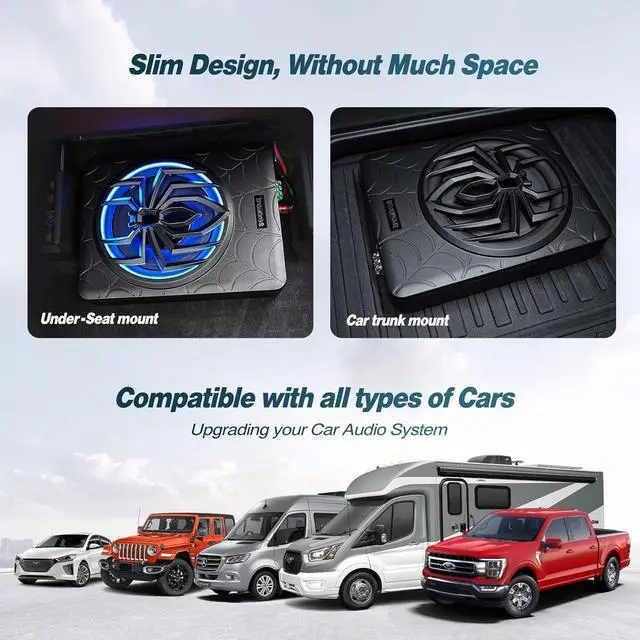 Alt view image 5 of 7 - 1000W Slim Under Seat Powered Car Subwoofer, Car/Truck Audio Sub Built in Amplifier amp Combo, with Blue LED Light (Subwoofer + Mounting Wire Kit)