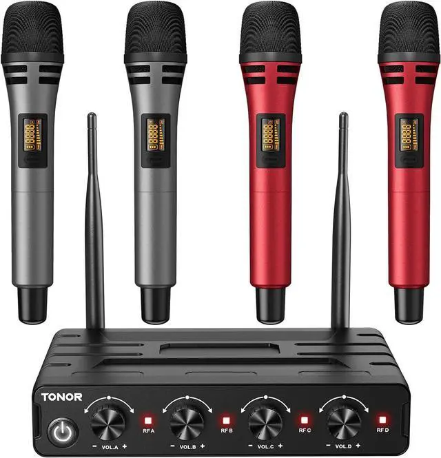 Main image of Wireless Microphones System with 4x10 Channels Cordless Handheld Microfono Inalambrico, UHF Mics with Stable Signal Transmission for Karaoke Singing Party Church Wedding PA Speaker 200ft Red