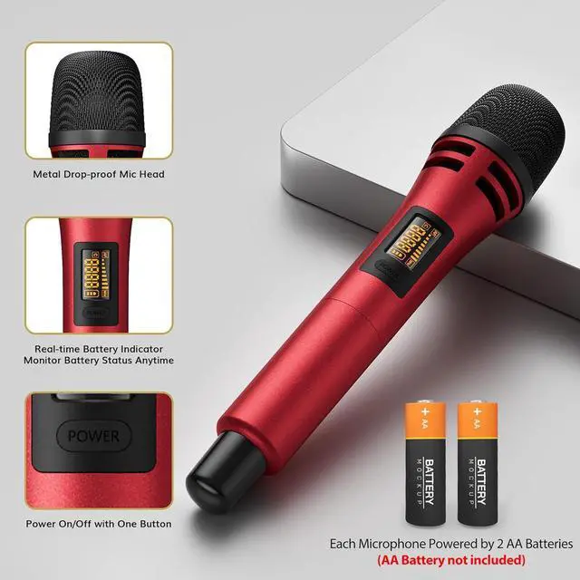 Alt view image 4 of 7 - Wireless Microphones System with 4x10 Channels Cordless Handheld Microfono Inalambrico, UHF Mics with Stable Signal Transmission for Karaoke Singing Party Church Wedding PA Speaker 200ft Red