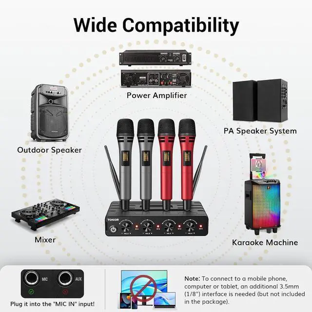 Alt view image 6 of 7 - Wireless Microphones System with 4x10 Channels Cordless Handheld Microfono Inalambrico, UHF Mics with Stable Signal Transmission for Karaoke Singing Party Church Wedding PA Speaker 200ft Red