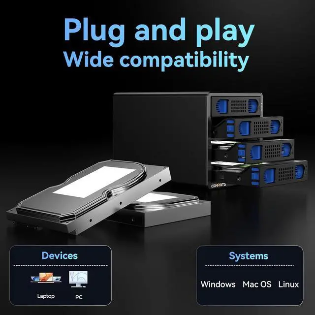 Alt view image 6 of 7 - 4 Bay Hard Drive Enclosure with Cooling Fan for 2.5/3.5" SATA HDD/SSD with USB A/C 3.0 Cable, Tool-Free HDD Enclosure, 3.5 Hard Drive Enclosure Support 80TB, Hot Swappable(NO RAID/NAS)