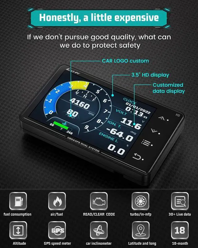 Alt view image 3 of 6 - Xs Obd2 Gauge Display,car inclinometer, Boost Gauge, RPM Meter, Multifunction Heads up Display Cluster