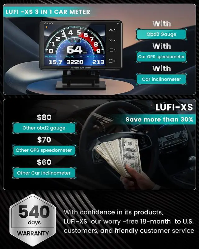 Alt view image 6 of 6 - Xs Obd2 Gauge Display,car inclinometer, Boost Gauge, RPM Meter, Multifunction Heads up Display Cluster