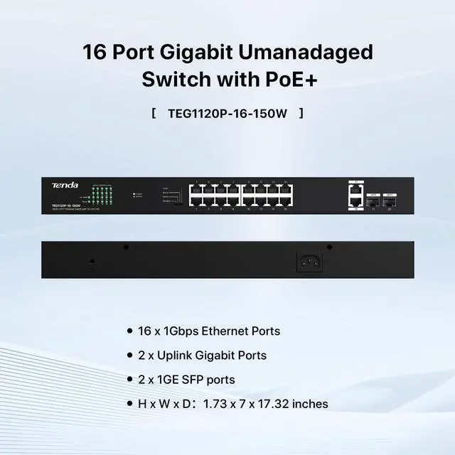 Alt view image 2 of 6 - TEG1120P 16 Port 150W PoE Switch, Compatible with IEEE 802.3af/at Devices, Unmanaged Gigabit Switch with 16 Port PoE+@135W, 2 Uplink RJ45 Ports & 2 SFP Ports, Rack Mountable