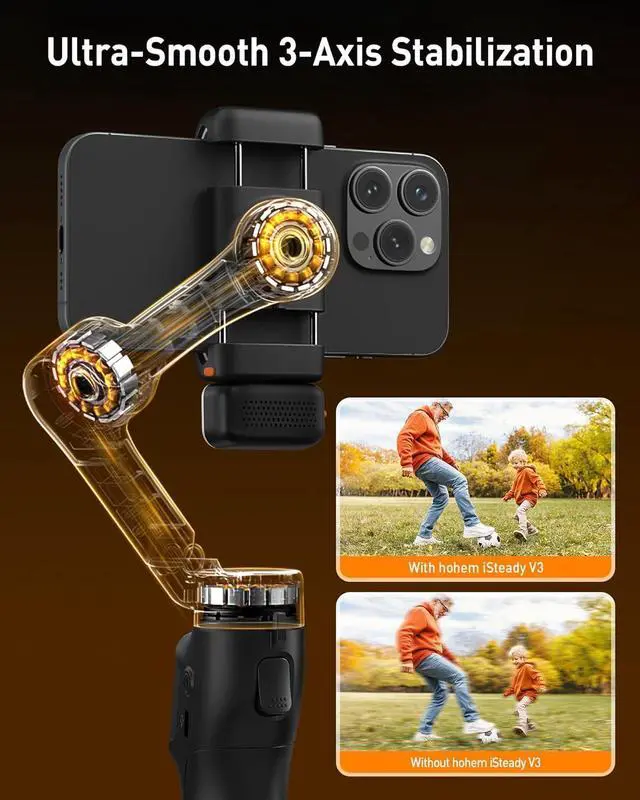 Alt view image 3 of 7 - V3 Gimbal Stabilizer for iPhone, 3-Axis Phone Gimbal, Magnetic AI Tracker, Built-in Extendable Rod & Tripod, Detachable Remote Control, Stabilizer for Travel, Vlog, TikTok, Black