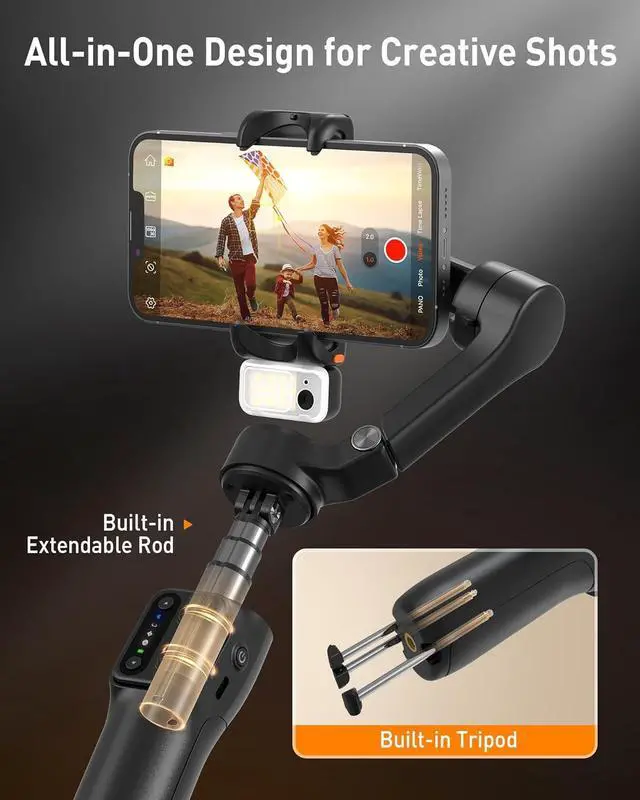 Alt view image 5 of 7 - V3 Gimbal Stabilizer for iPhone, 3-Axis Phone Gimbal, Magnetic AI Tracker, Built-in Extendable Rod & Tripod, Detachable Remote Control, Stabilizer for Travel, Vlog, TikTok, Black