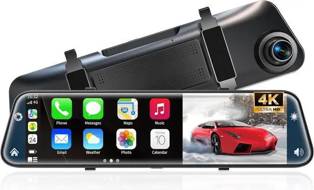 Main image of 4K Rear View Mirror Camera with Carplay&Android Auto,12" Mirror Dash Cam Front and Rear with Voice Control for Cars&Trucks,Smart Touch Screen,64GB Card Included/Loop Record/Reverse Assist