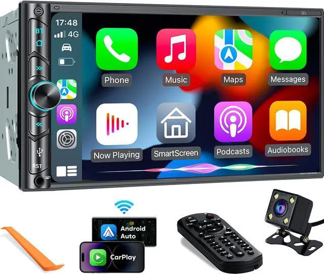 Main image of Upgrade Wireless Double Din Car Stereo with Carplay, Android Auto, Bluetooth, 4-Channel RCA, High Power, 2 Subwoofer Ports, 7" HD Capacitive Touchscreen Car Radio, Backup Camera, Audio Receiver