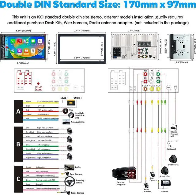 Alt view image 6 of 7 - Upgrade Wireless Double Din Car Stereo with Carplay, Android Auto, Bluetooth, 4-Channel RCA, High Power, 2 Subwoofer Ports, 7" HD Capacitive Touchscreen Car Radio, Backup Camera, Audio Receiver