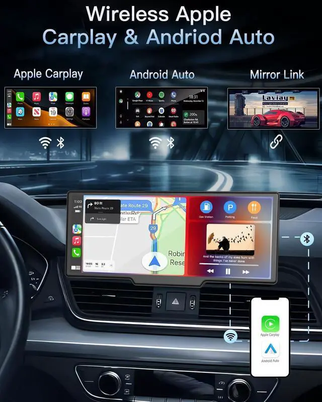 Alt view image 2 of 7 - Portable Wireless CarPlay Touchscreen for Car: 4K  Carplay & Android Auto Car Play Screen with 4K Dash Cam/1080p Rear Camera/GPS Navigation/Bluetooth/Mirror Link/AirPlay (Obsidian Black-10IN)