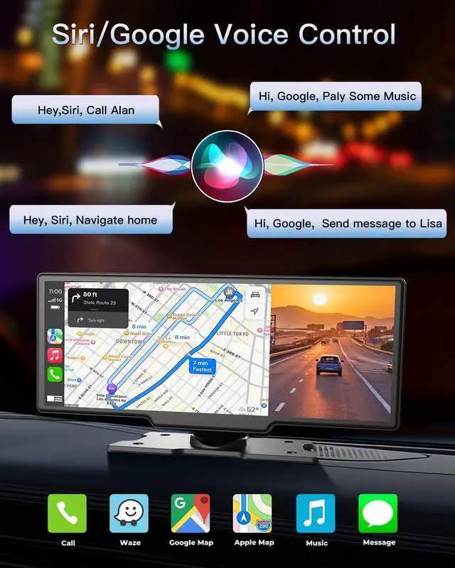 Alt view image 3 of 7 - Portable Wireless CarPlay Touchscreen for Car: 4K  Carplay & Android Auto Car Play Screen with 4K Dash Cam/1080p Rear Camera/GPS Navigation/Bluetooth/Mirror Link/AirPlay (Obsidian Black-10IN)