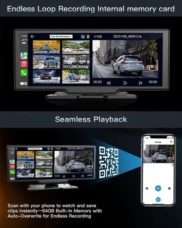 Alt view image 7 of 7 - Portable Wireless CarPlay Touchscreen for Car: 4K  Carplay & Android Auto Car Play Screen with 4K Dash Cam/1080p Rear Camera/GPS Navigation/Bluetooth/Mirror Link/AirPlay (Obsidian Black-10IN)