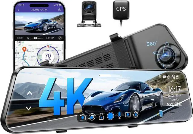 Main image of PG17 12" 4K Mirror Dash Cam Front and Rear, Wi-Fi 6 Rear View Mirror Camera with 64GB Card, Voice Control Dash Camera for Car, Rearview Mirror Camera with GPS Night Vision Parking Assistance