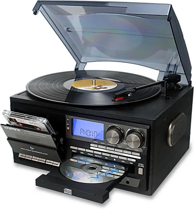 Main image of Vinyl Record Player 10 in 1 3 Speed Bluetooth Vintage Turntable CD Cassette Player AM/FM Radio USB Recorder Aux-in RCA Line-Out (Black-Grey)