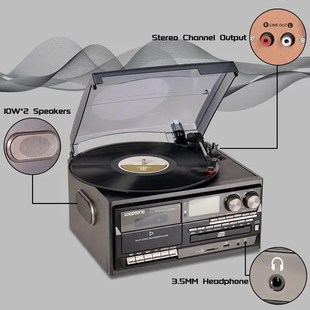 Alt view image 5 of 7 - Vinyl Record Player 10 in 1 3 Speed Bluetooth Vintage Turntable CD Cassette Player AM/FM Radio USB Recorder Aux-in RCA Line-Out (Black-Grey)