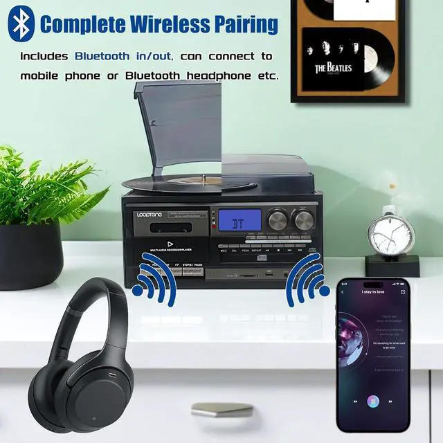 Alt view image 3 of 7 - Vinyl Record Player 10 in 1 3 Speed Bluetooth Vintage Turntable CD Cassette Player AM/FM Radio USB Recorder Aux-in RCA Line-Out (Black-Grey)
