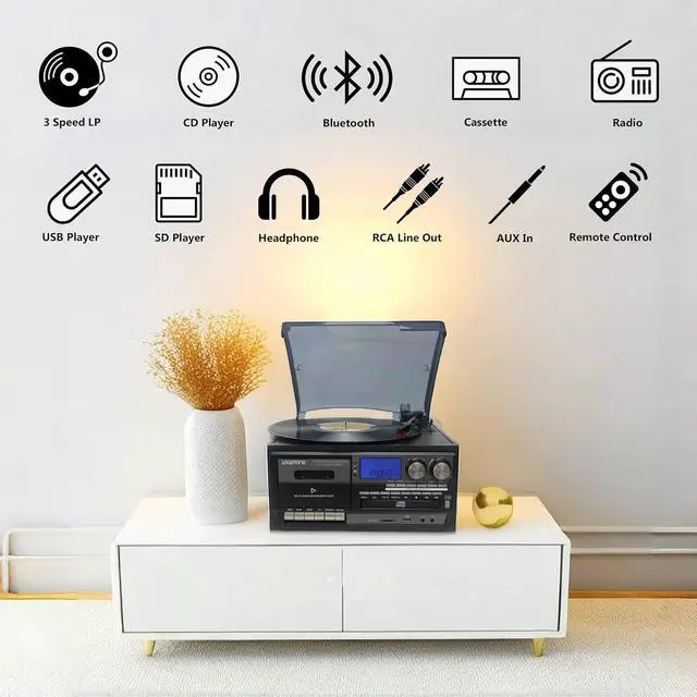 Alt view image 2 of 7 - Vinyl Record Player 10 in 1 3 Speed Bluetooth Vintage Turntable CD Cassette Player AM/FM Radio USB Recorder Aux-in RCA Line-Out (Black-Grey)