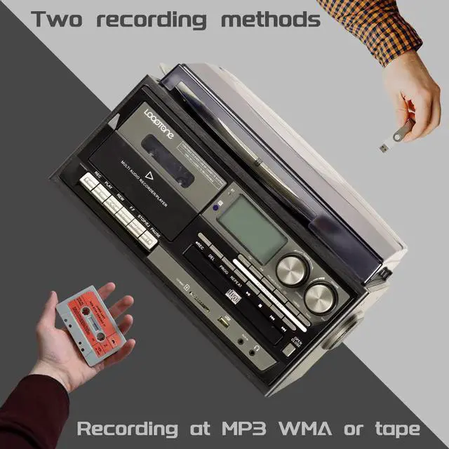 Alt view image 6 of 7 - Vinyl Record Player 10 in 1 3 Speed Bluetooth Vintage Turntable CD Cassette Player AM/FM Radio USB Recorder Aux-in RCA Line-Out (Black-Grey)