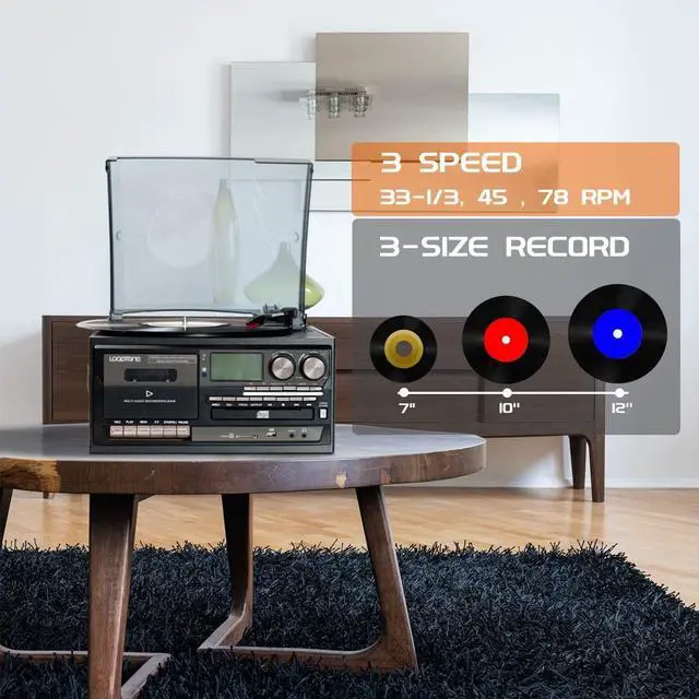 Alt view image 7 of 7 - Vinyl Record Player 10 in 1 3 Speed Bluetooth Vintage Turntable CD Cassette Player AM/FM Radio USB Recorder Aux-in RCA Line-Out (Black-Grey)