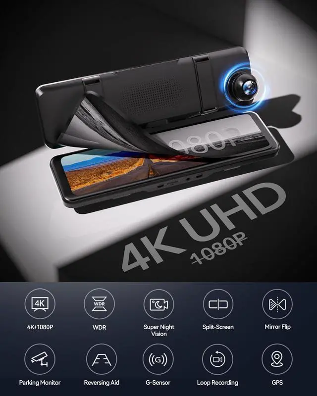 Alt view image 2 of 7 - T700 Rear View Mirror Camera 11'' 4K UHD Front and 1080P Mirror Dash Cam Front and Rear, GPS,Parking Monitor,Night Vision,Smart Reverse Parking Assistance,Touch Screen, 32 GB Card