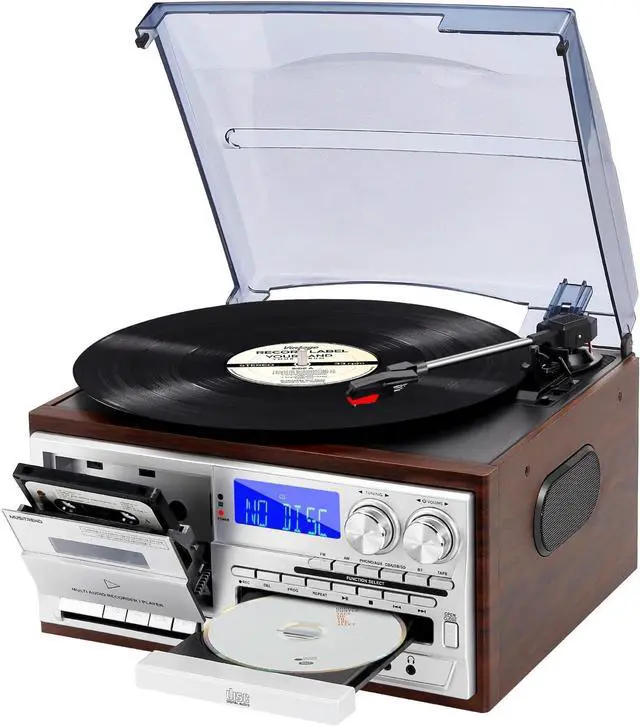 Main image of Record Player 9 in 1 3 Speed Bluetooth Vintage Turntable CD Cassette Vinyl Player AM/FM Radio USB/SD Playback Aux-in RCA Line-Out (Silver)