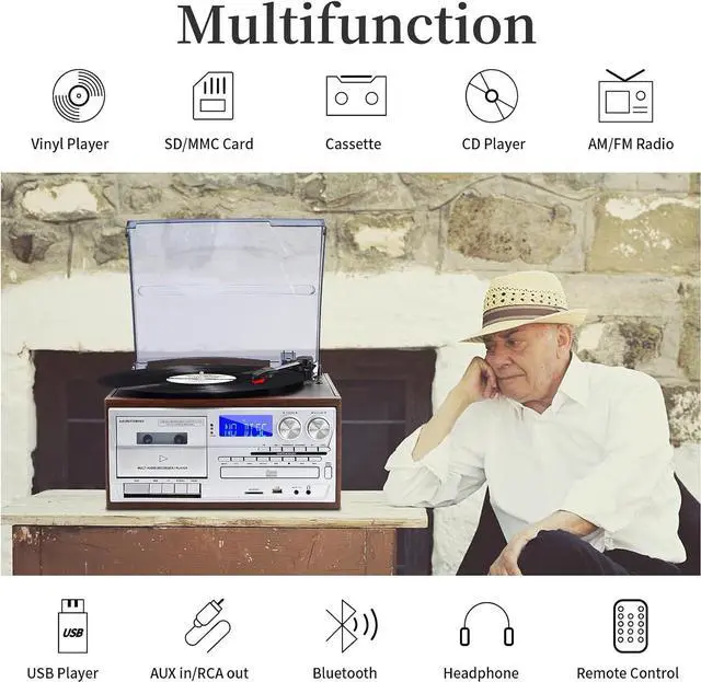 Alt view image 2 of 7 - Record Player 9 in 1 3 Speed Bluetooth Vintage Turntable CD Cassette Vinyl Player AM/FM Radio USB/SD Playback Aux-in RCA Line-Out (Silver)