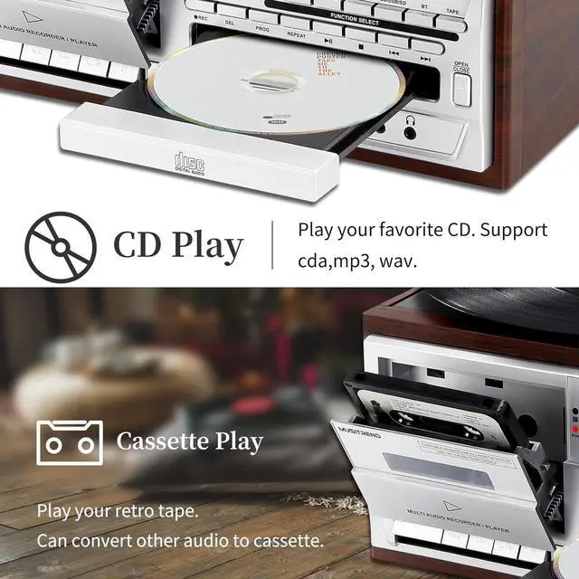 Alt view image 3 of 7 - Record Player 9 in 1 3 Speed Bluetooth Vintage Turntable CD Cassette Vinyl Player AM/FM Radio USB/SD Playback Aux-in RCA Line-Out (Silver)