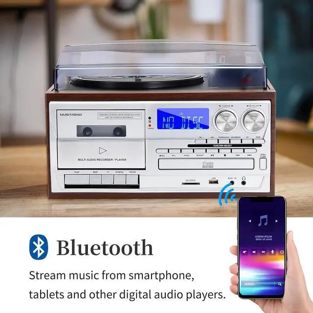 Alt view image 4 of 7 - Record Player 9 in 1 3 Speed Bluetooth Vintage Turntable CD Cassette Vinyl Player AM/FM Radio USB/SD Playback Aux-in RCA Line-Out (Silver)