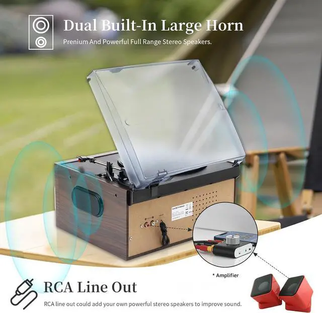 Alt view image 5 of 7 - Record Player 9 in 1 3 Speed Bluetooth Vintage Turntable CD Cassette Vinyl Player AM/FM Radio USB/SD Playback Aux-in RCA Line-Out (Silver)