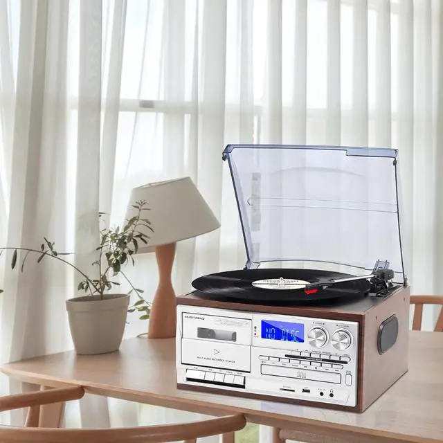 Alt view image 7 of 7 - Record Player 9 in 1 3 Speed Bluetooth Vintage Turntable CD Cassette Vinyl Player AM/FM Radio USB/SD Playback Aux-in RCA Line-Out (Silver)