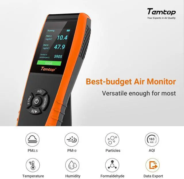 Alt view image 2 of 7 - Air Quality Monitor Professional PM2.5 PM10 Particle Counter, Formaldehyde, Temperature, Humidity, AQI Tester for Indoor/Outdoor Air Pollution Detection w/Data Export