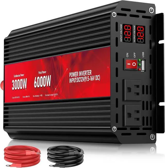 Main image of 3000W Power Inverter,12V DC to AC 110V120V Peak Power 6000W with 2AC Outlets and 2.4USB Port,LCD Display Car Inverter for Outdoor Activities,Emergency