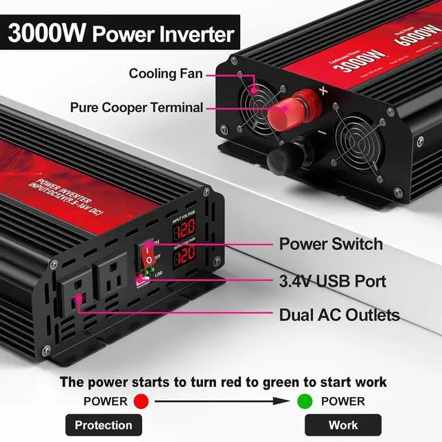 Alt view image 3 of 7 - 3000W Power Inverter,12V DC to AC 110V120V Peak Power 6000W with 2AC Outlets and 2.4USB Port,LCD Display Car Inverter for Outdoor Activities,Emergency