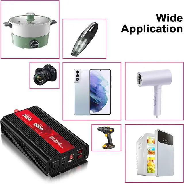 Alt view image 6 of 7 - 3000W Power Inverter,12V DC to AC 110V120V Peak Power 6000W with 2AC Outlets and 2.4USB Port,LCD Display Car Inverter for Outdoor Activities,Emergency