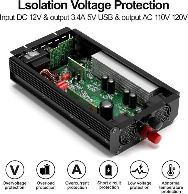 Alt view image 4 of 7 - 3000W Power Inverter,12V DC to AC 110V120V Peak Power 6000W with 2AC Outlets and 2.4USB Port,LCD Display Car Inverter for Outdoor Activities,Emergency