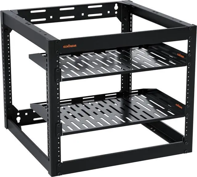 Main image of 10U Network Rack - Wall Mountable Heavy Duty 4 Post Design Holds All Your Networking & AV Gear - Open Frame Design Includes 2 1U Vented Shelves & Mounting Hardware